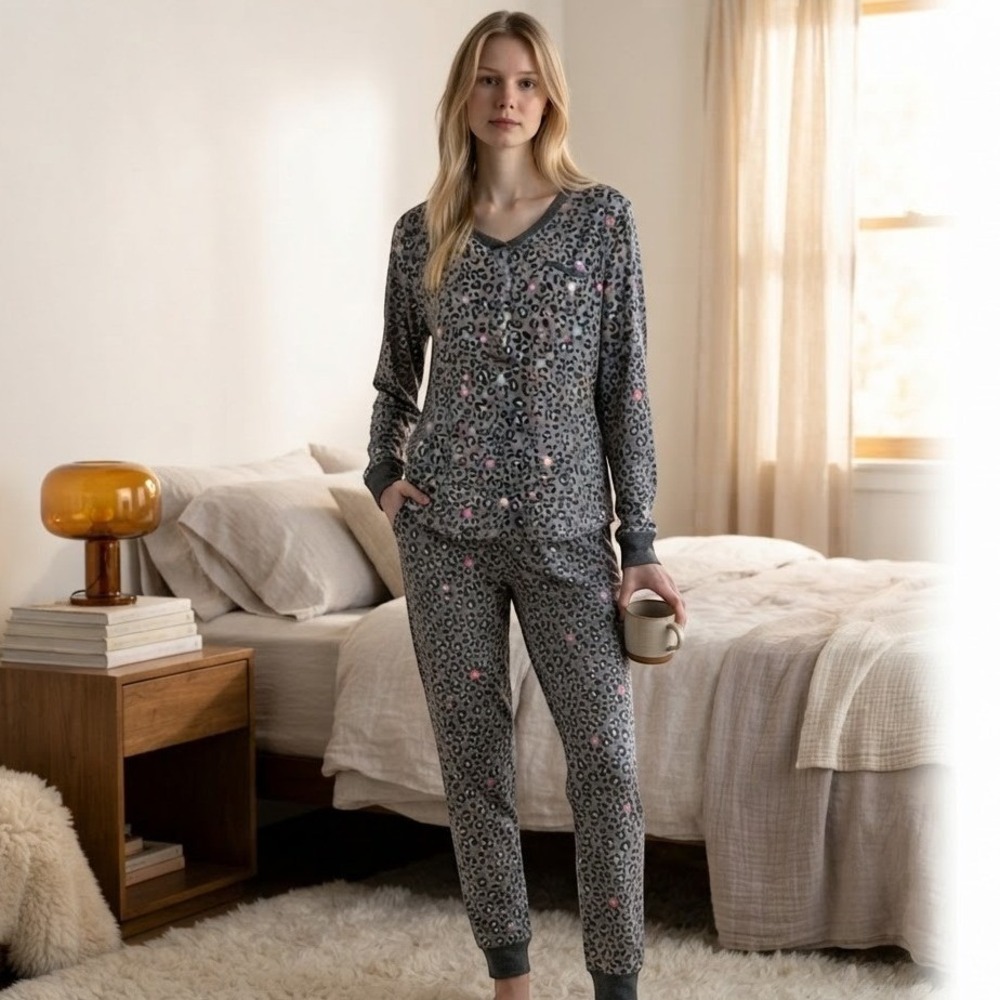 CUDDL DUDS Womens Gray Leopard Hearts Long Sleeve Joggers Pajama Set L Sleepwear